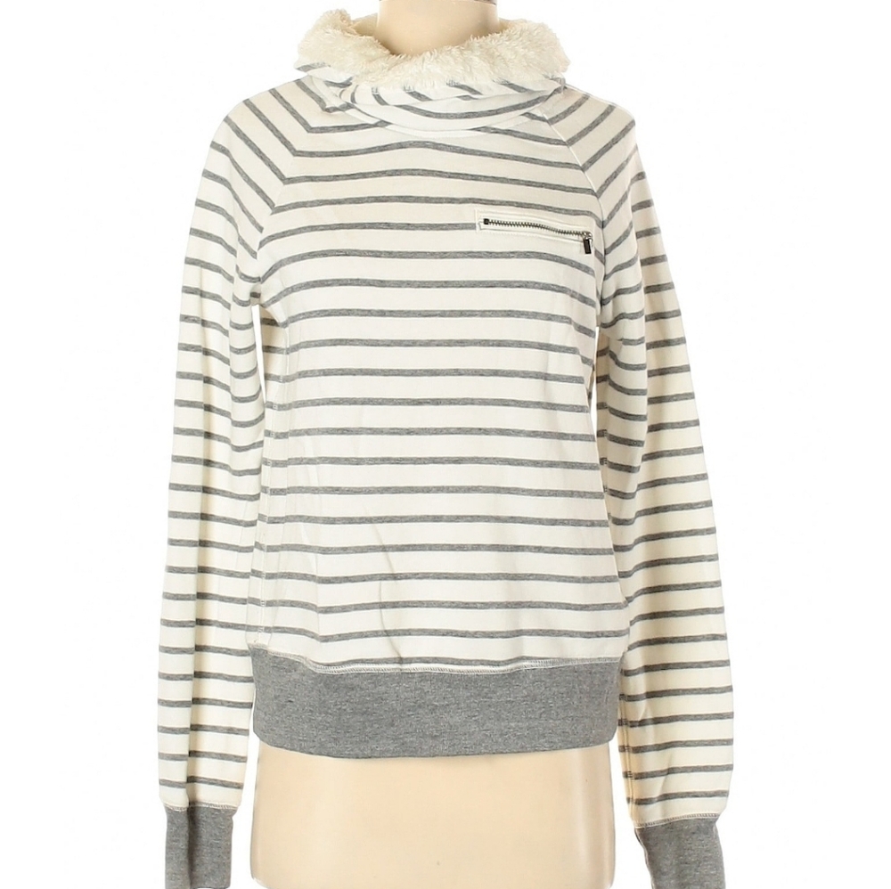 Abercrombie & Fitch Striped Cowl Neck Sweater Fleece Cream/ Gray SzL Sherpa - Picture 4 of 13